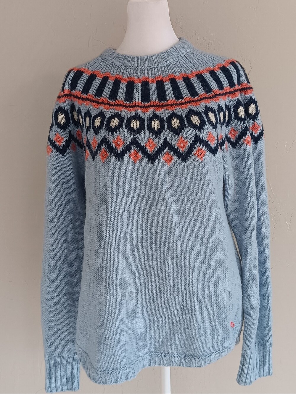 Wool Blend Light Blue Nordic Yoke Sweater, Kari Traa Womens Large, Knit